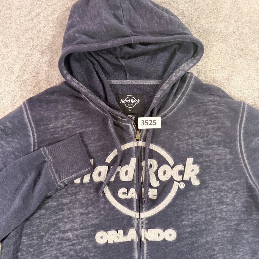 Hard Rock Cafe Hoodie Mens Large Blue Orlando Full Zip Acid Wash Fleece